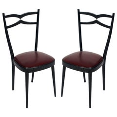 1940s Side Chairs Carlo di Carli Attributed Black Lacquered Walnut, Leatherete