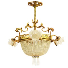 Belle Epoque Chandelier French Crystal Gilt Bronze Rose Shades Late 19th Century