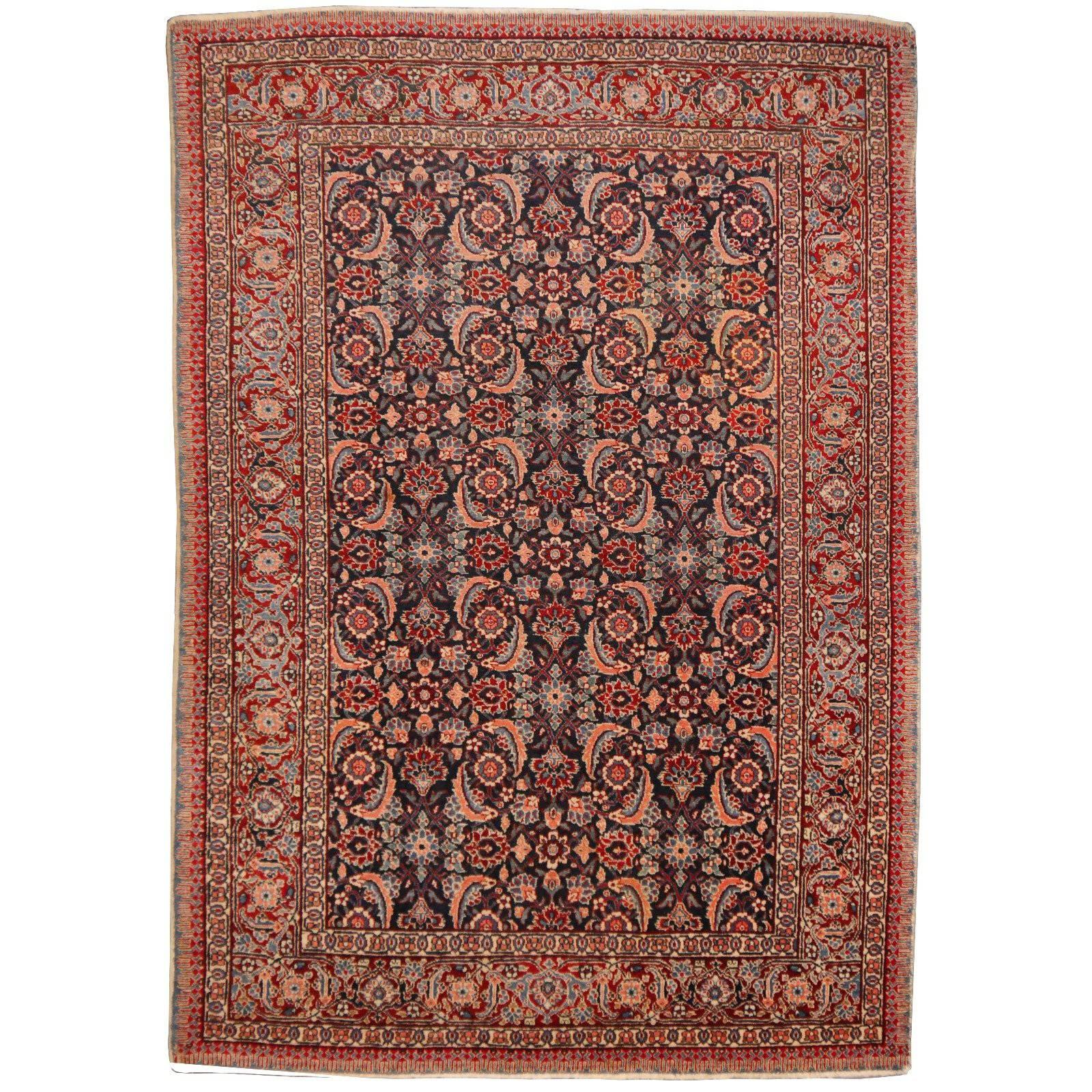 Antique Rug Mahi Design Haji Style Blue and Red Allover For Sale