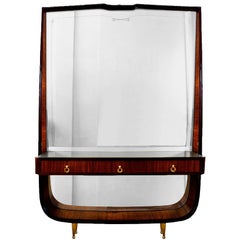 1940s Entrance Console Mirror, Mahogany, Brass, Three Drawers, Italy