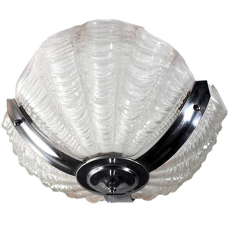 English 1930s Art Deco White Opaque Shell Ceiling Light