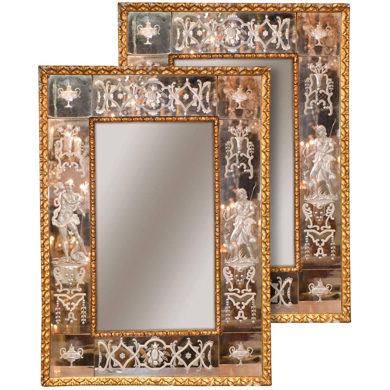 Pair of Venetian Etched Mirrors, circa 1925