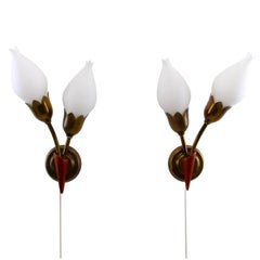 Tulip Wall Sconces by Fog & Mørup, 1940s Brass Wall Lamps Milk-Glass Bulps