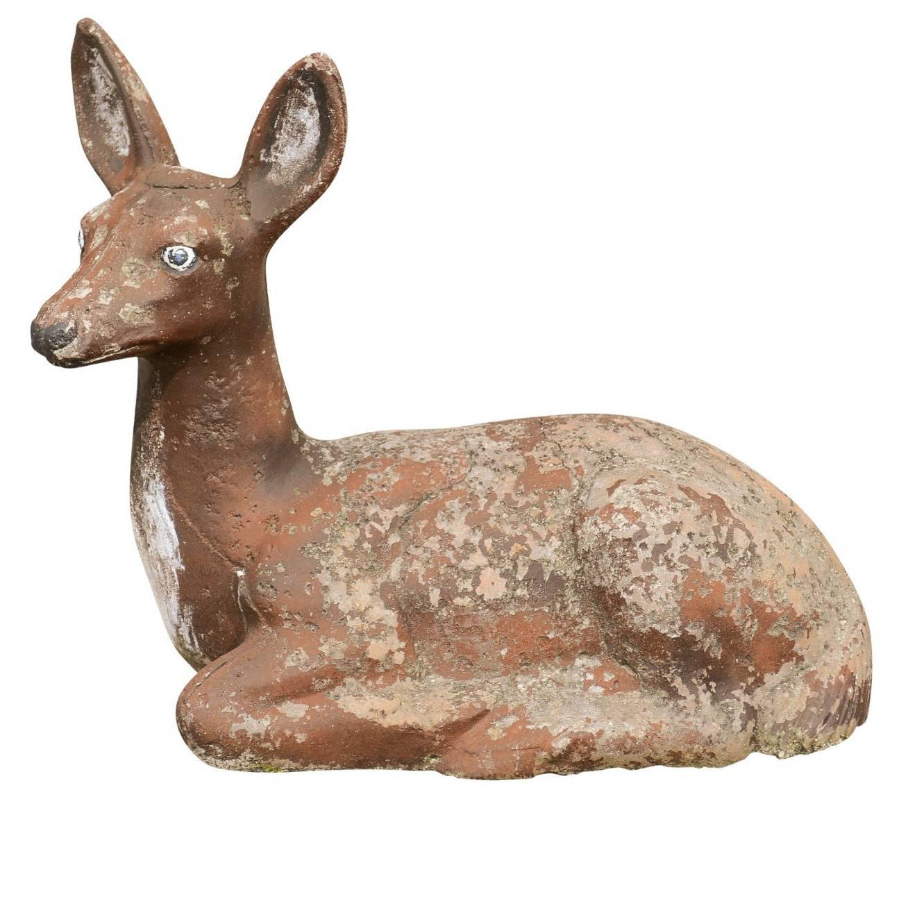 1950s French Vintage Seated Deer Painted Sculpture Cast in Reconstituted Stone 