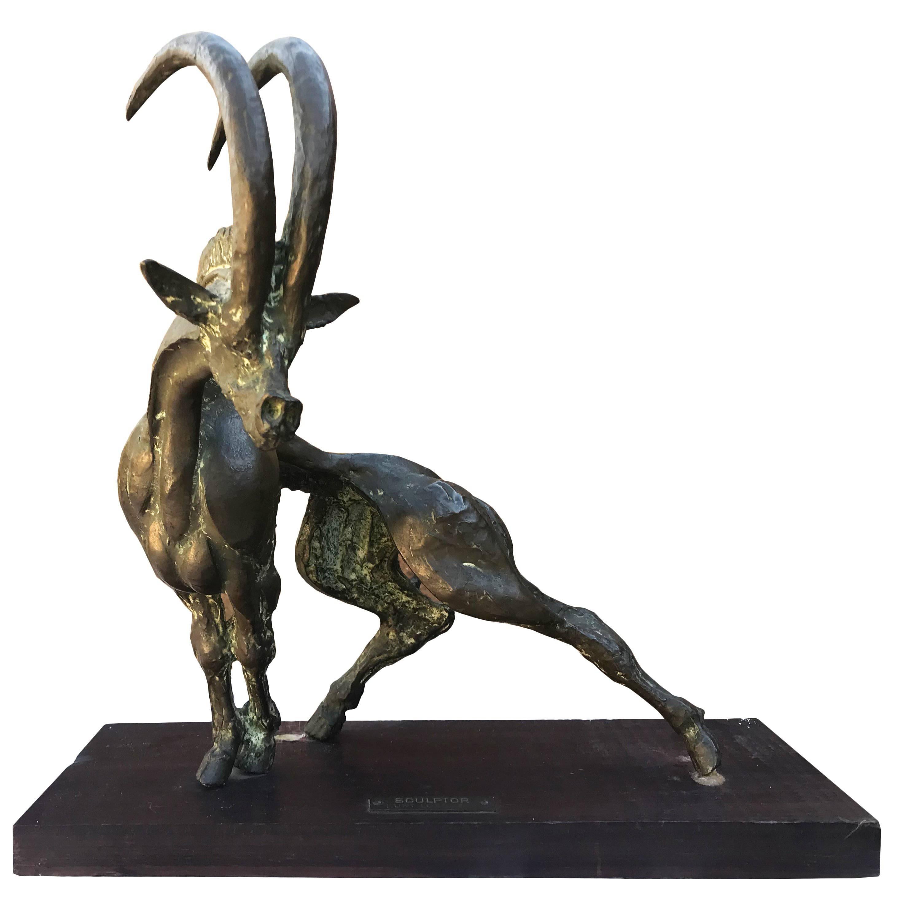 1970s Kurt Lossgott Bronze Abstract Figure Titled "On Guard"