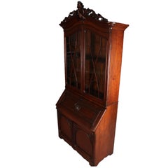 Antique Victorian Carved Walnut Drop Front Secretary with Upper Bookcase