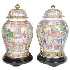 Antique Large Near Pair of Rose Medallion Lidded 19th Century Vases