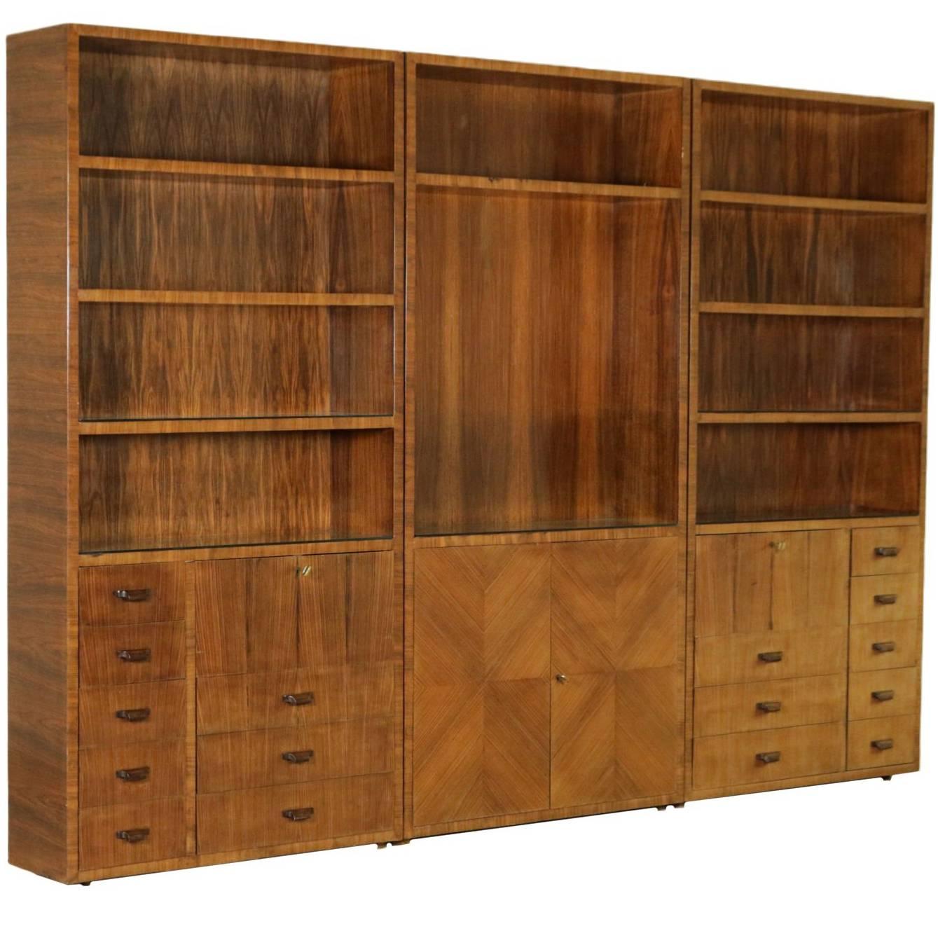 Bookcase Rosewood Veneer Glass Vintage Manufactured in Italy, 1940s