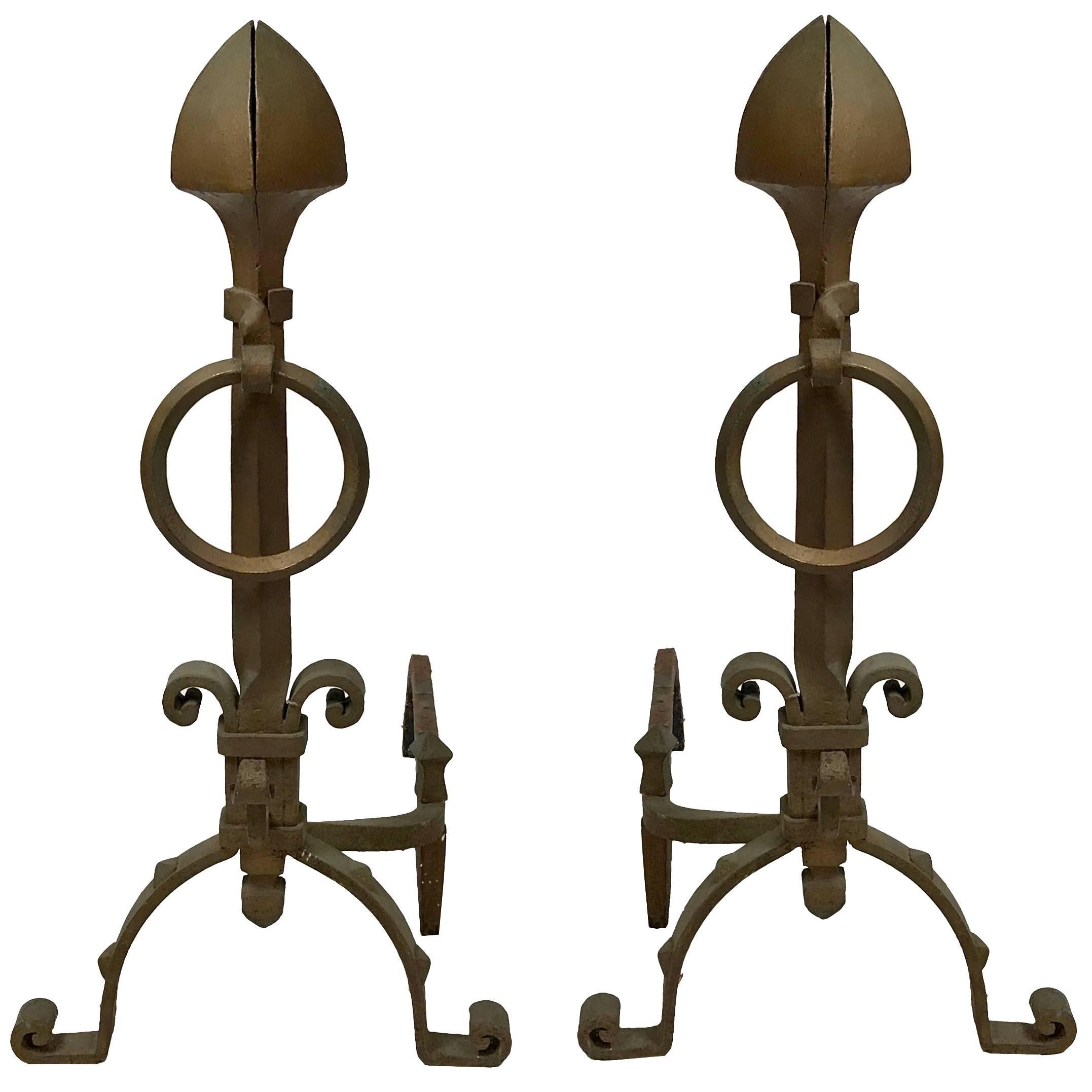 Pair of Arts & Crafts Aesthetic Movement Large Bronze Iron Andirons with Rings