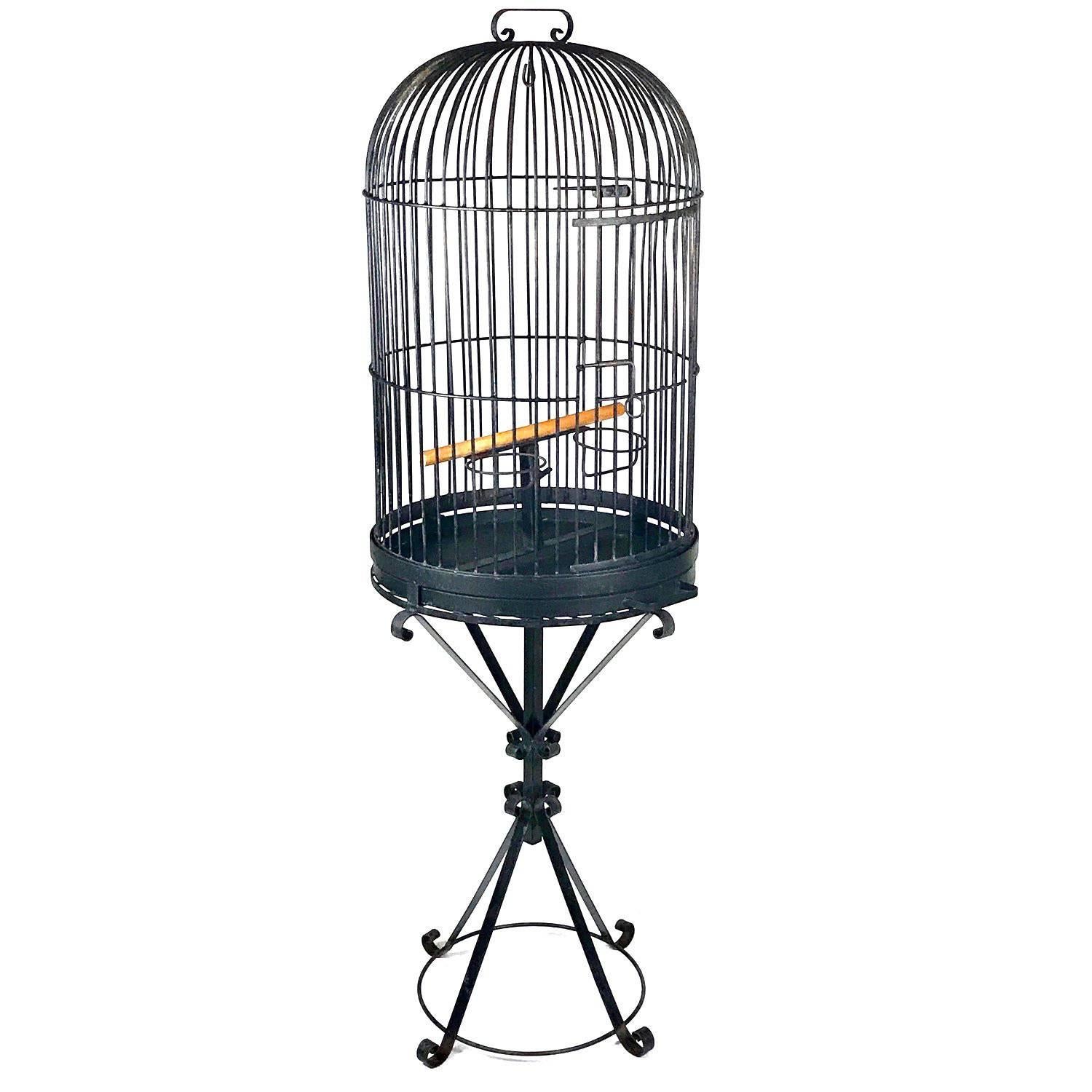 Monumental Wrought Iron Parrot Birdcage on Pedestal, Early 20th Century