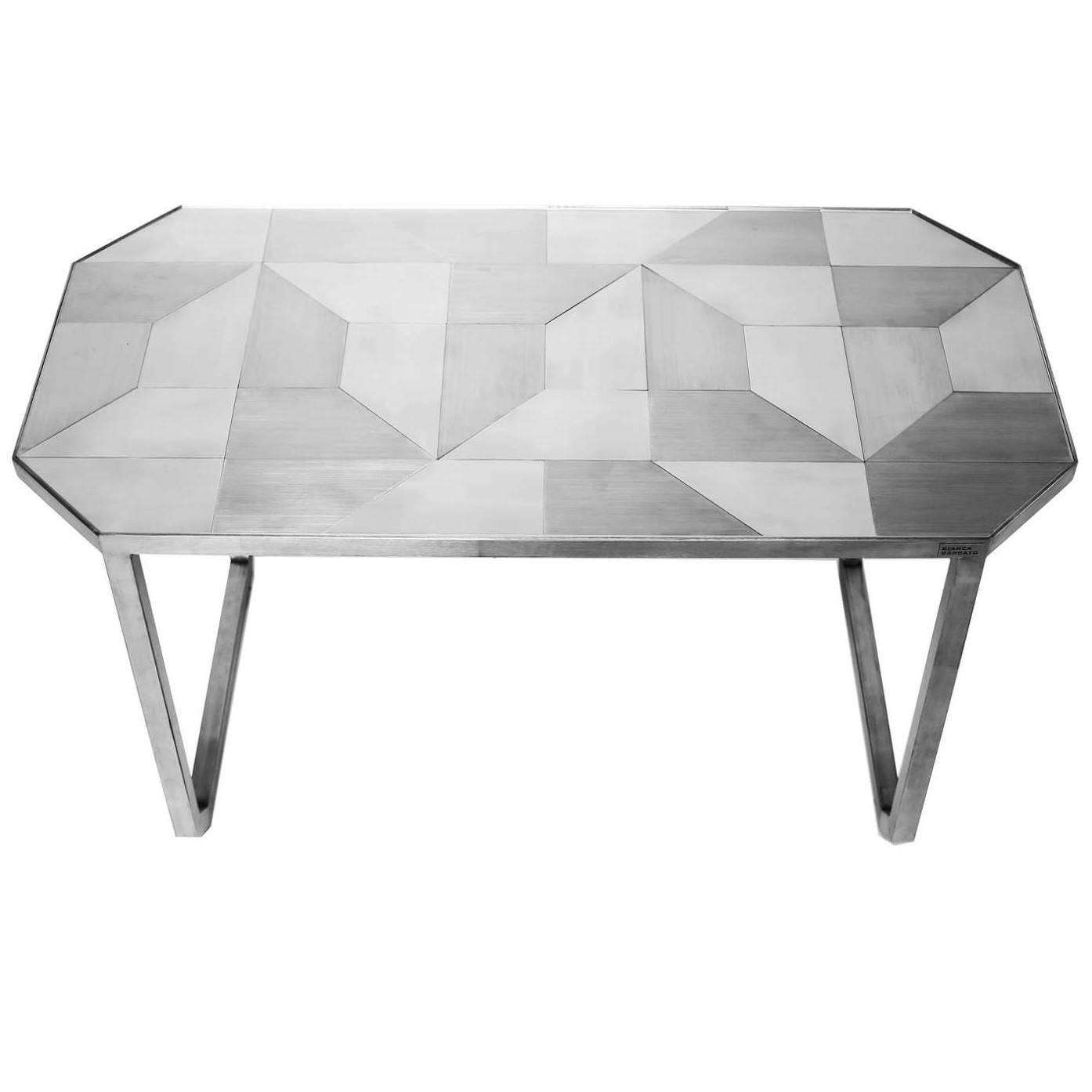 'Trama' Side Table, Geometric Designs in Stainless Steel Inox Tiles For Sale