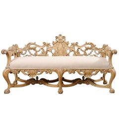 Italian 19th C. Baroque Style Sofa Bench w/ Ornately-Pierce Carved Back & Skirt