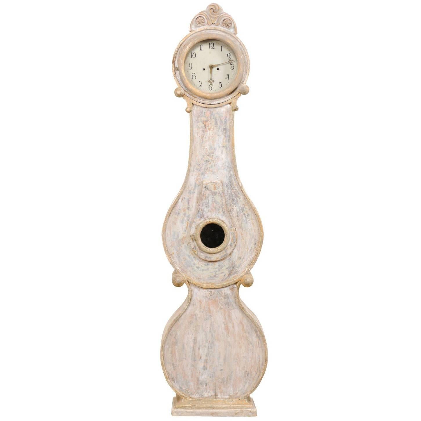 19th Century Swedish Fryksdahl Painted Wood Floor Clock with Scroll Accents