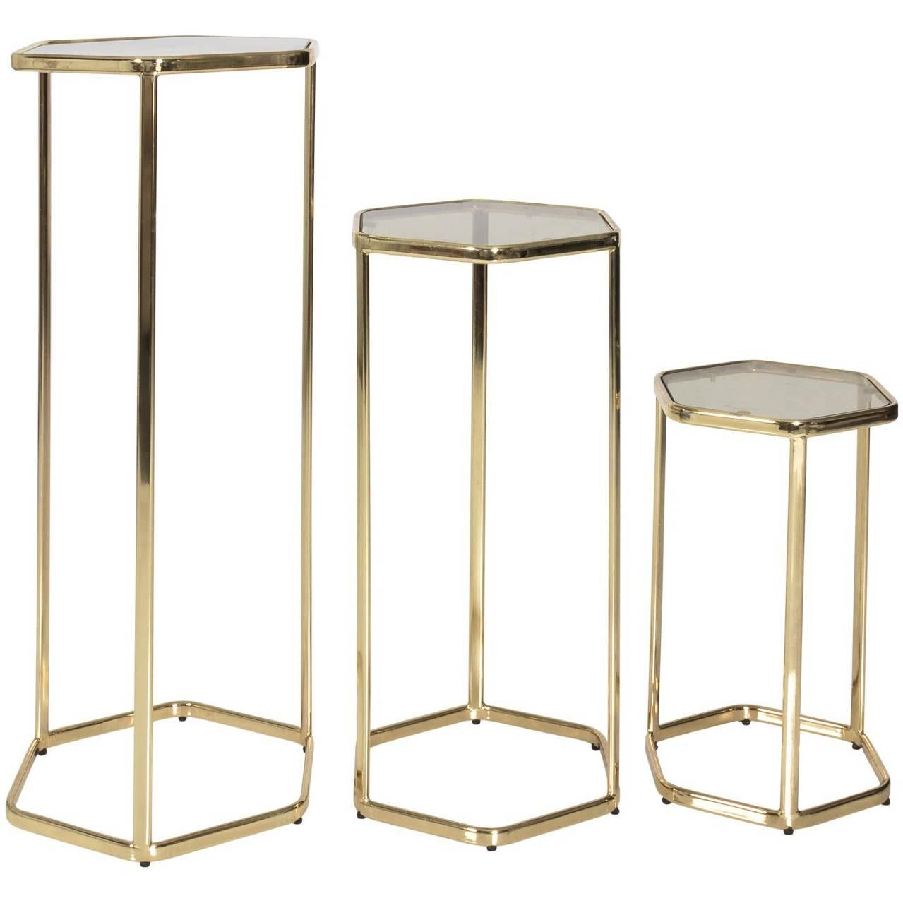 Set of Three Brass Hexagonal Pedestals 