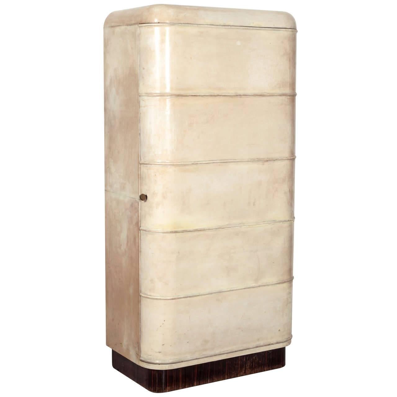 Rare Art Deco Parchment Semainier Cabinet by Jacques Adnet, French, 1930s For Sale