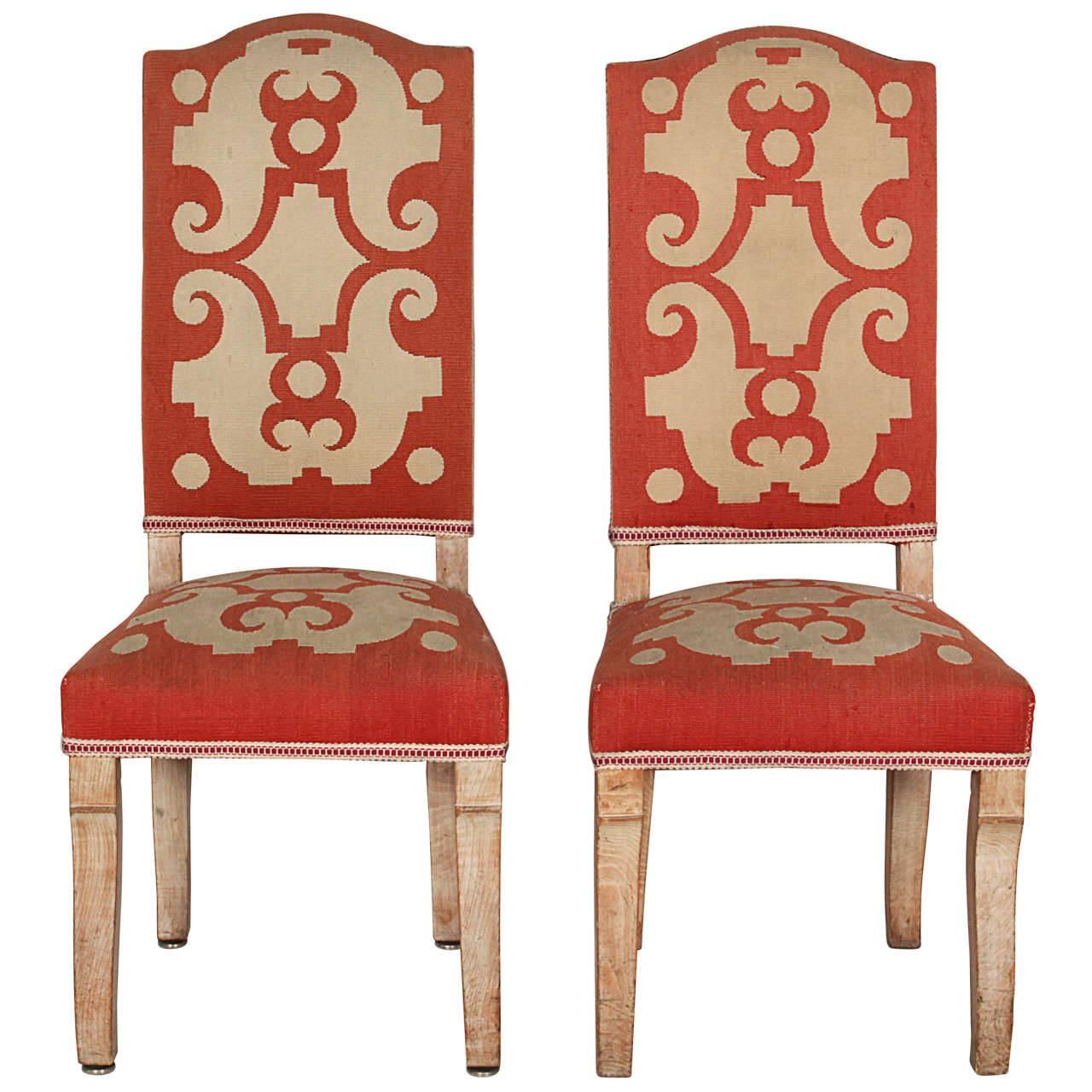 Pair of Felix Davin Side Chairs in Limed Oak and Original Aubusson Tapestry For Sale