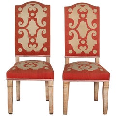 Pair of Felix Davin Side Chairs in Limed Oak and Original Aubusson Tapestry
