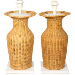 1970s Pair of Vingate Laced Rattan Table Lamps