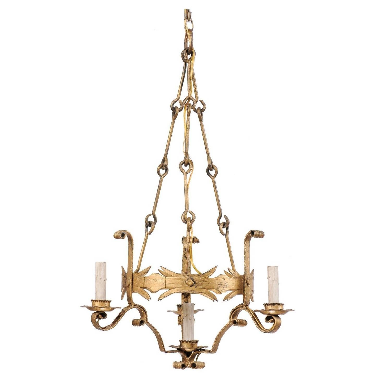 French Mid-20th Century Painted Iron Four-Light Tall Chandelier in Gold
