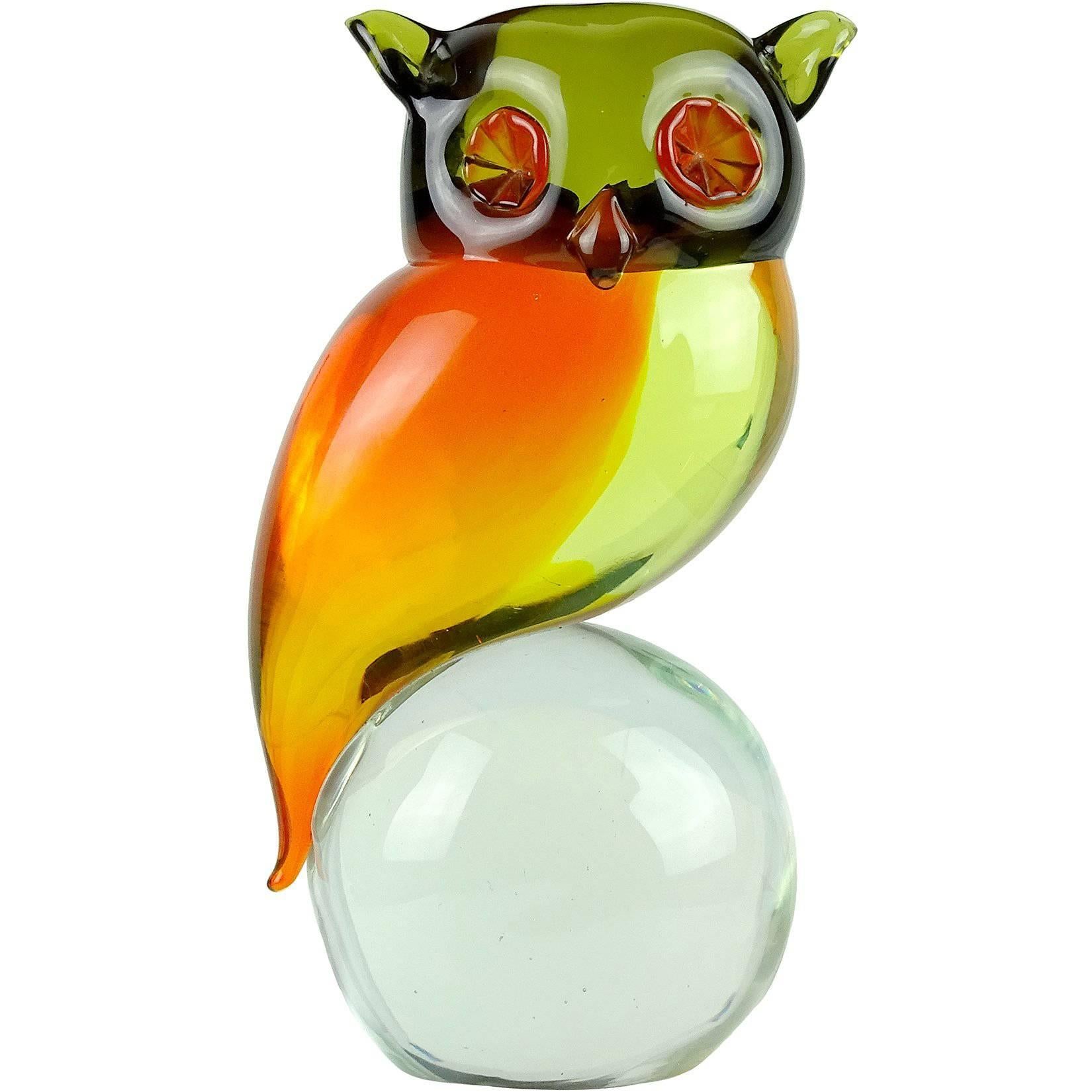 Murano Sommerso Orange Yellow Green Italian Uranium Art Glass Owl Bird Sculpture