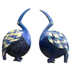 Pair Fine Blue Ibis Bird Sculptures Hand Painted by Eva Fritz-Lindner