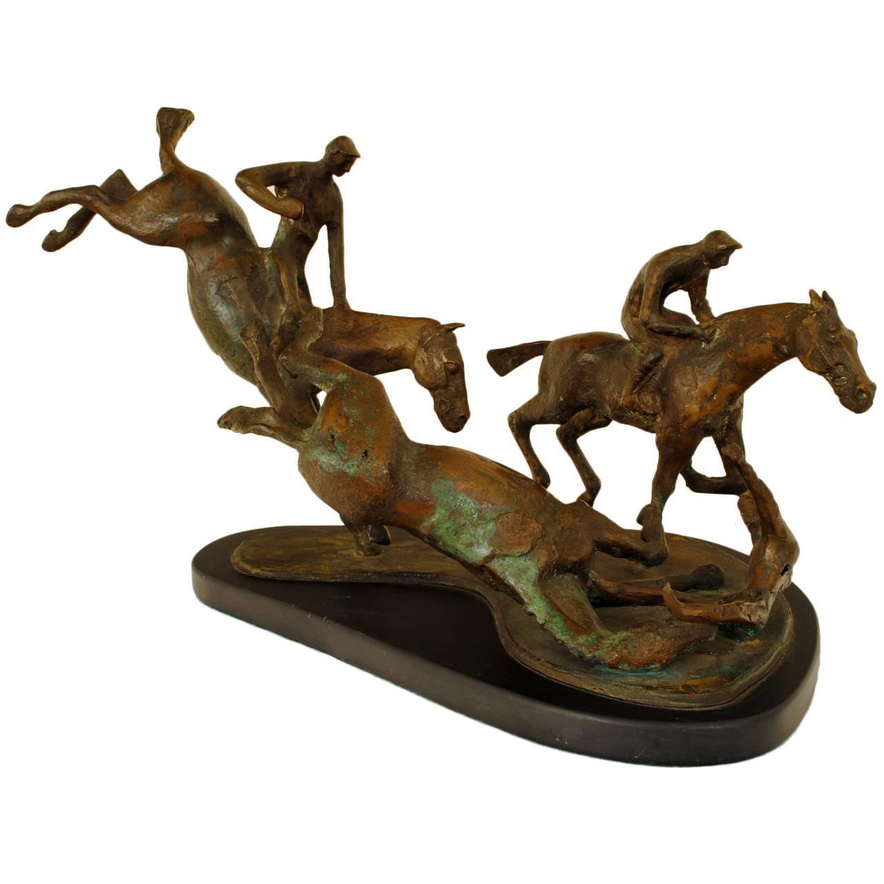 Mid-20th Century Figural Bronze Group on Marble Base, "Steeplechase" Unsigned