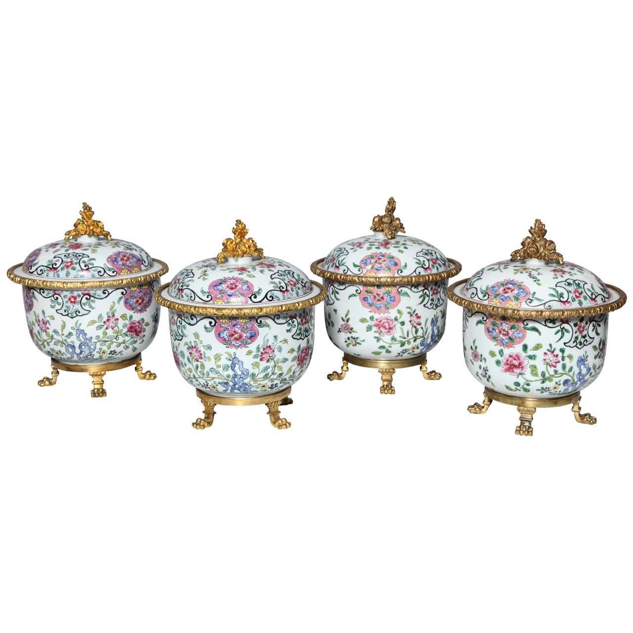 Set of Four Antique Chinese Famille Rose Porcelain Covered Compotes