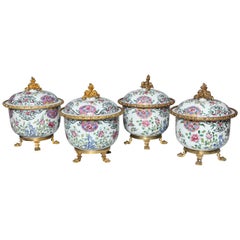 Set of Four Antique Chinese Famille Rose Porcelain Covered Compotes