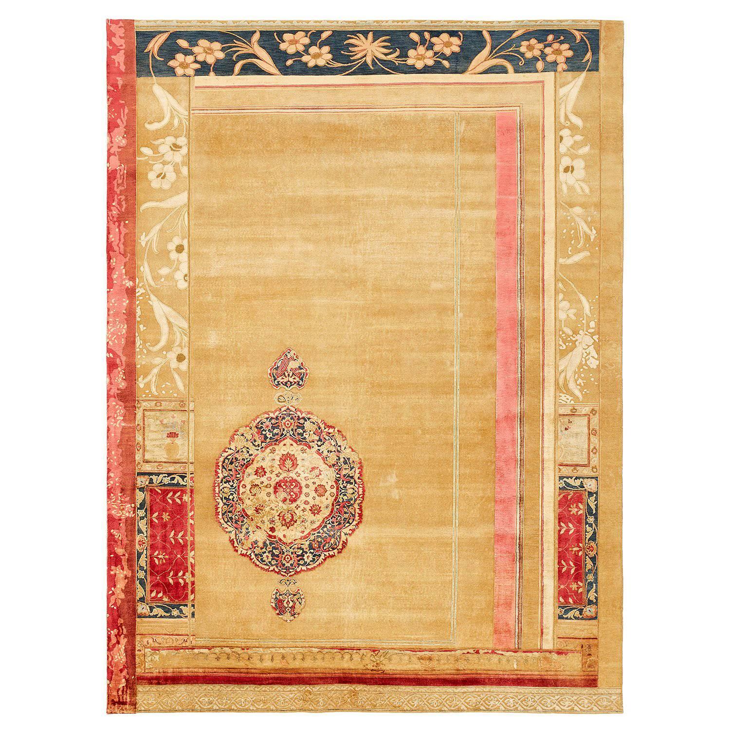 "Brocade Garden" Red Gold Hand-Knotted Area Rug For Sale