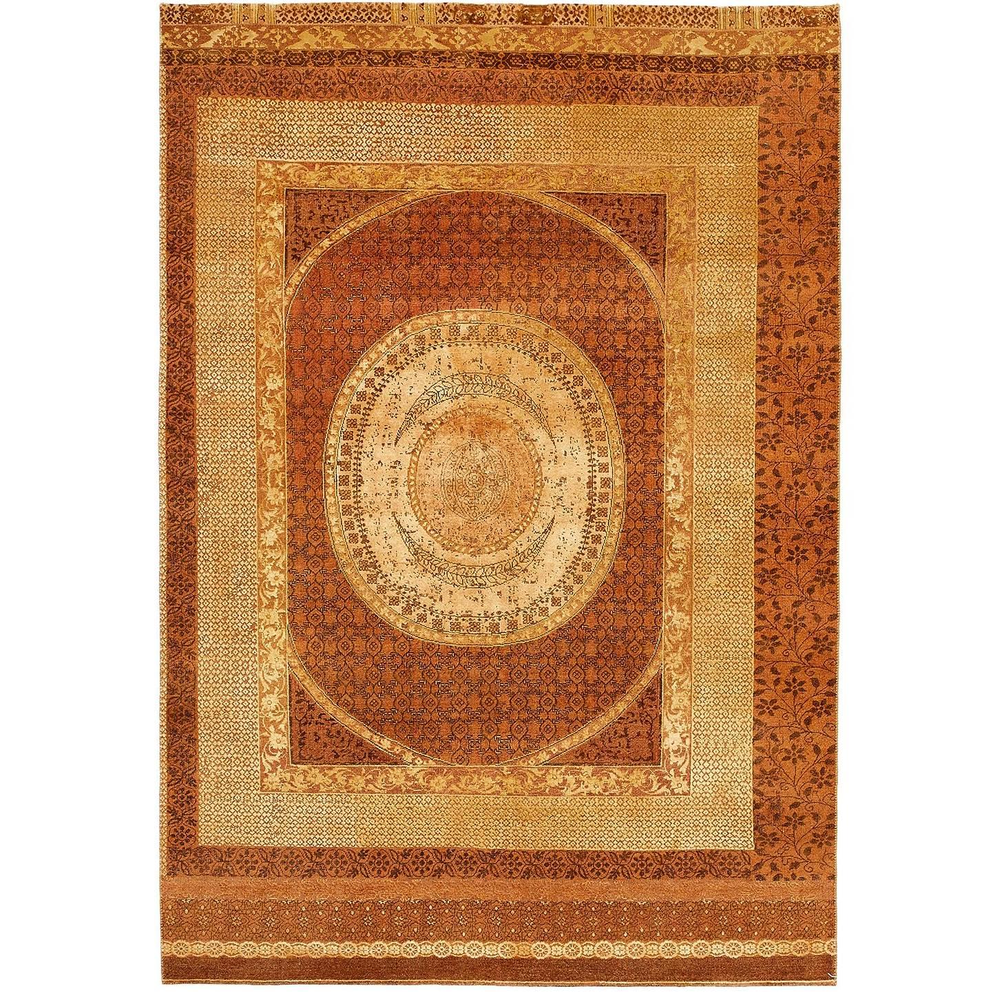 "Charbagh" Brown Gold Hand-Knotted Area Rug Wool, Silk, In Stock For Sale