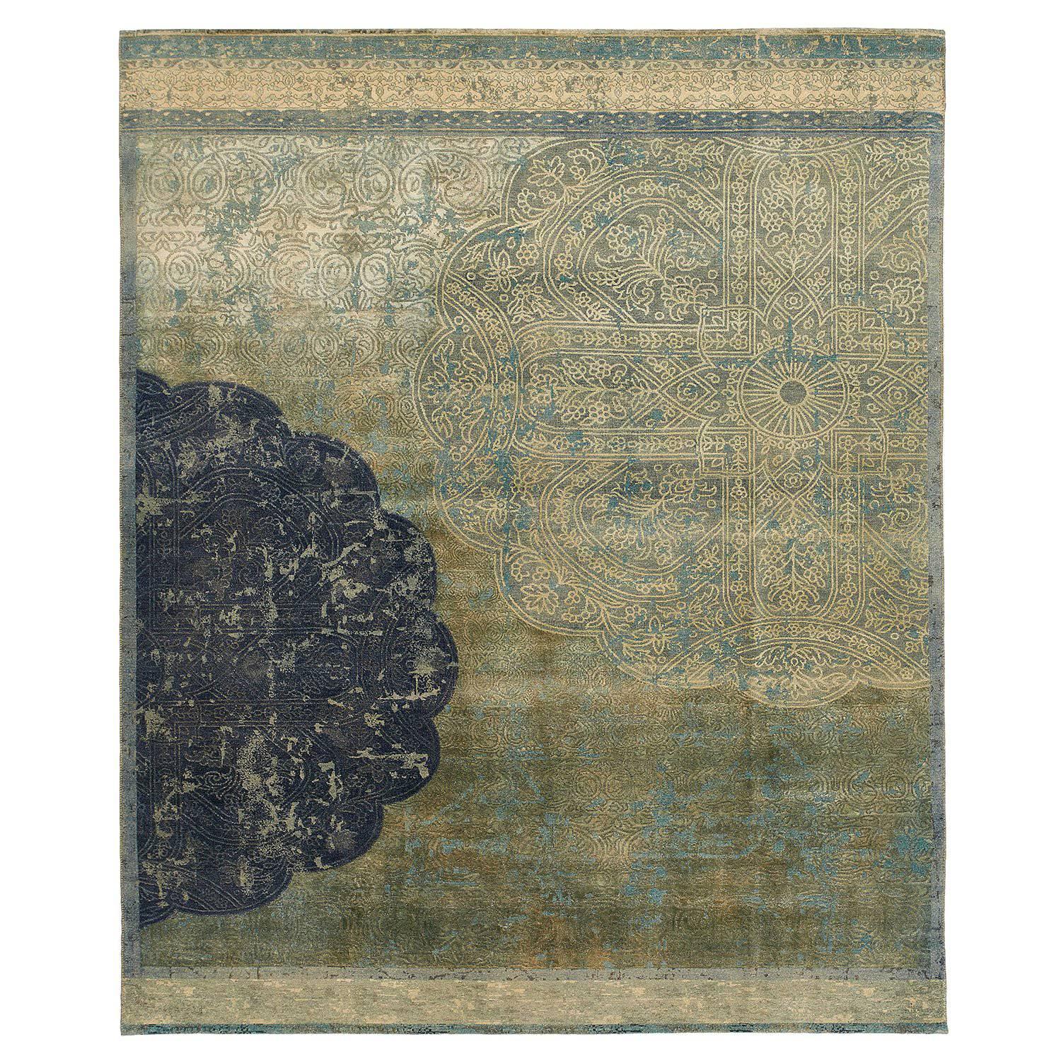 "Qafia" Blue Green Hand-Knotted Area Rug For Sale