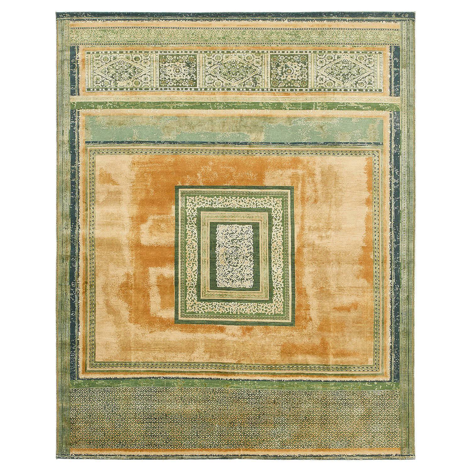 "Mughal Maze" Green Gold Hand-Knotted Area Rug For Sale