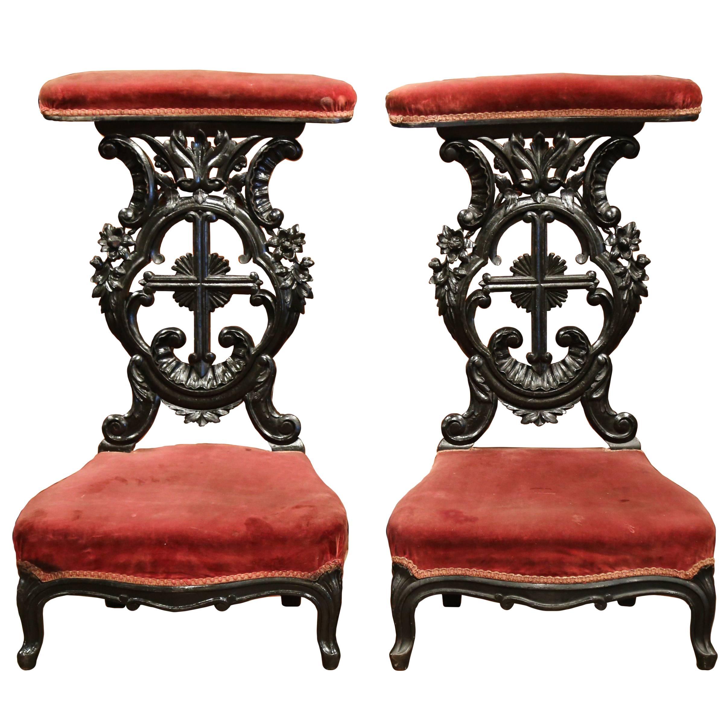 Pair of French Louis XV Hand Carved Walnut Prayer Chairs with Blackened Finish