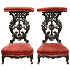 Pair of French Louis XV Hand Carved Walnut Prayer Chairs with Blackened Finish