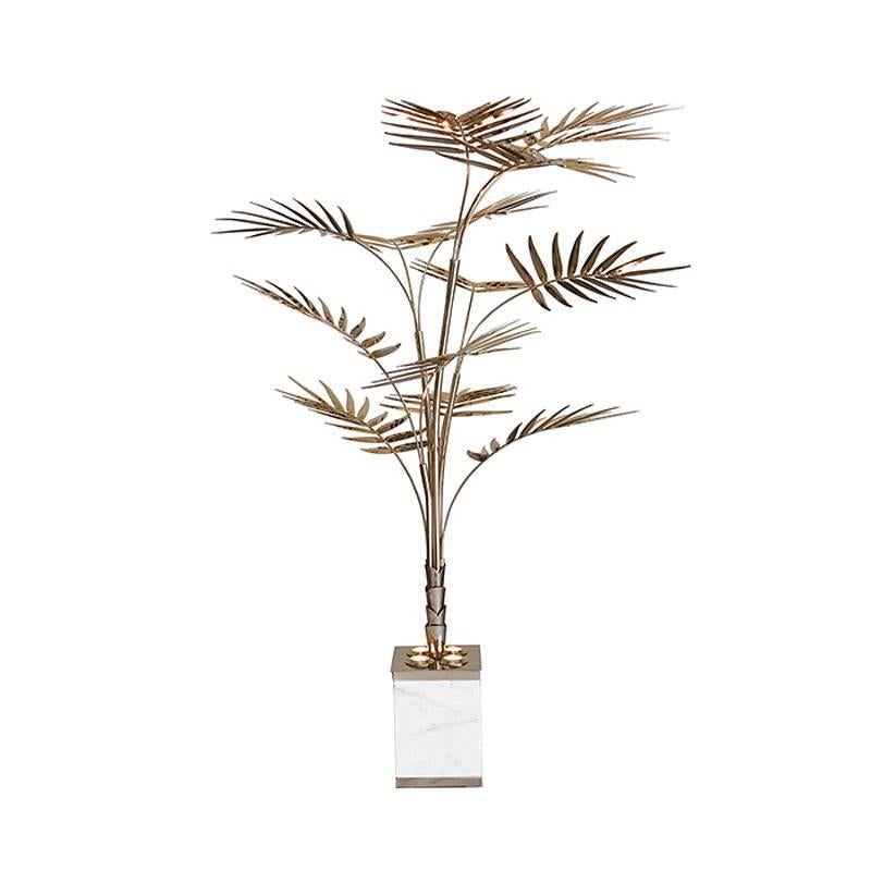 Lampadaire tropical en forme de palmier plaqué or et marbre blanc en vente