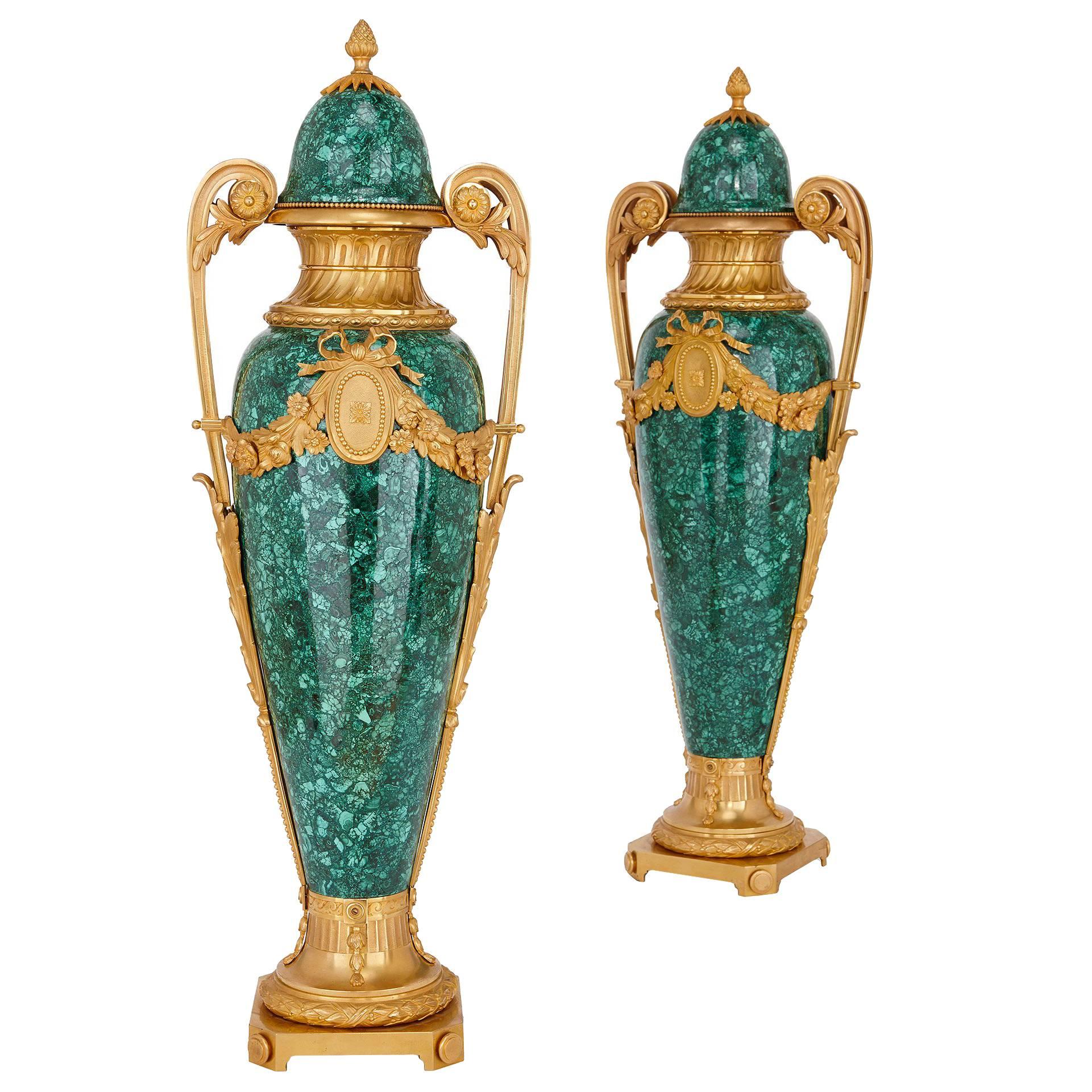 Pair of French Gilt Bronze Mounted Malachite Vases