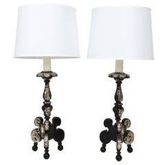 Pair of Black Lamps with Silver Overlay, circa 1920