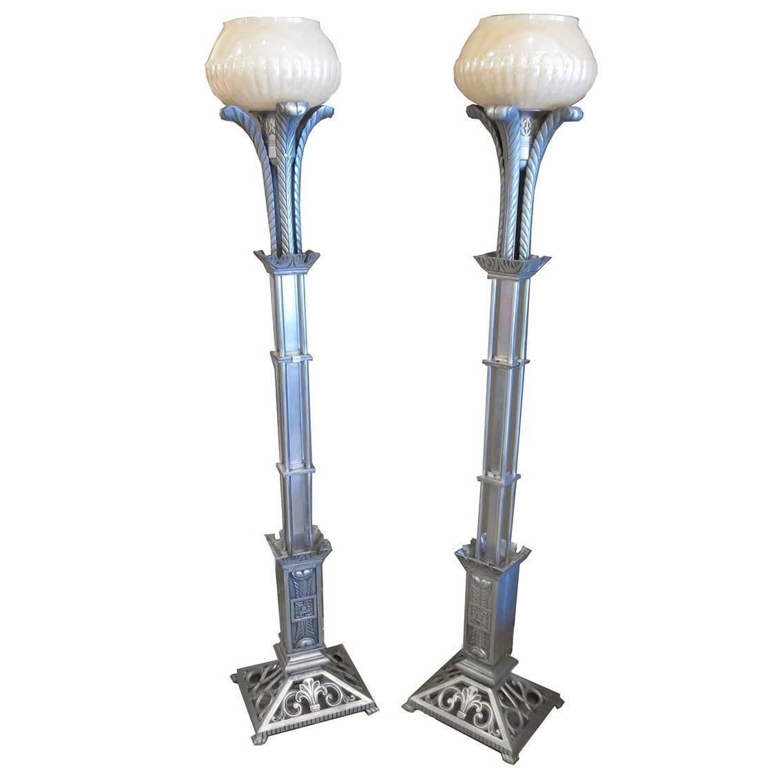 Art Deco Torchere Floor Lamps in Cast Aluminum
