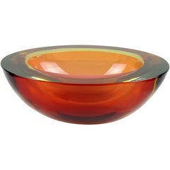 Murano Sommerso Orange Yellow Italian Art Glass Geode Flat Cut Rim Bowl Dish