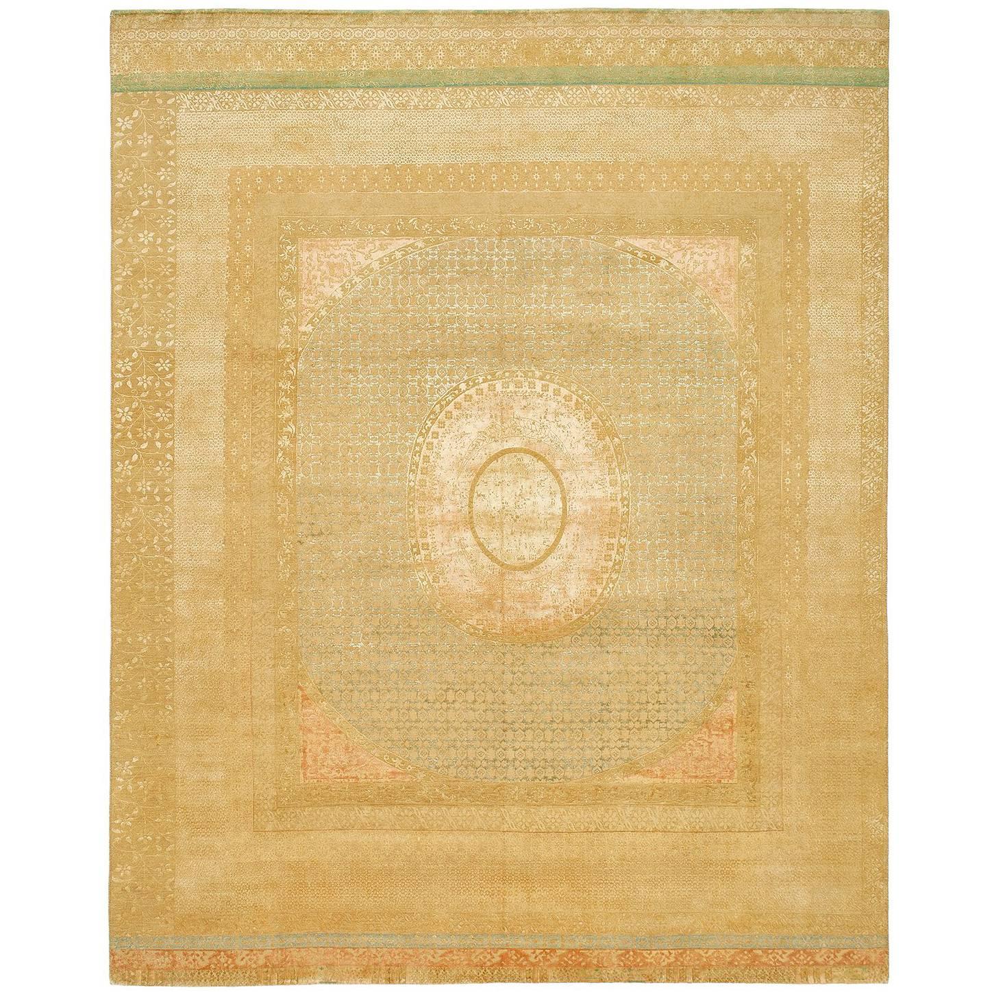 "Charbagh" Beige Gold Hand-Knotted Area Rug Wool, Silk, In Stock For Sale