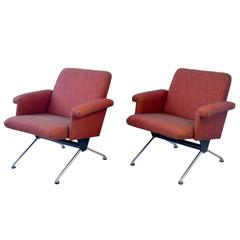 Pair of Orange Dutch 1960s Gispen Lounge Chairs
