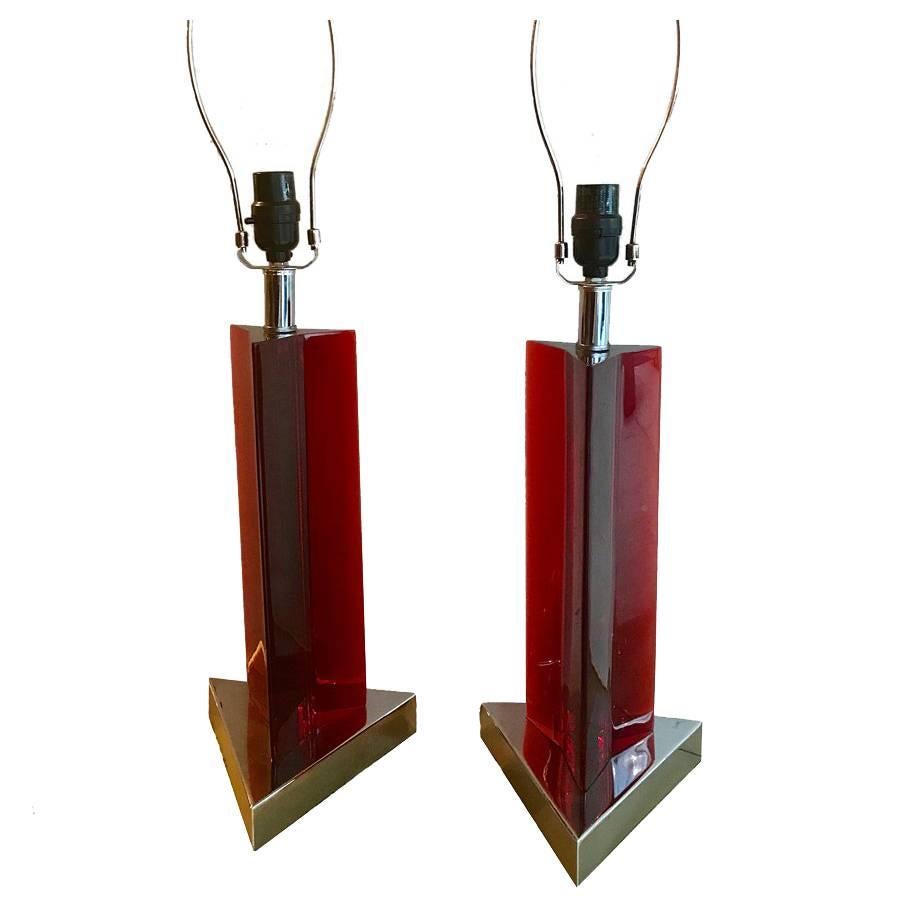Pair of Red Lucite Table Lamps For Sale