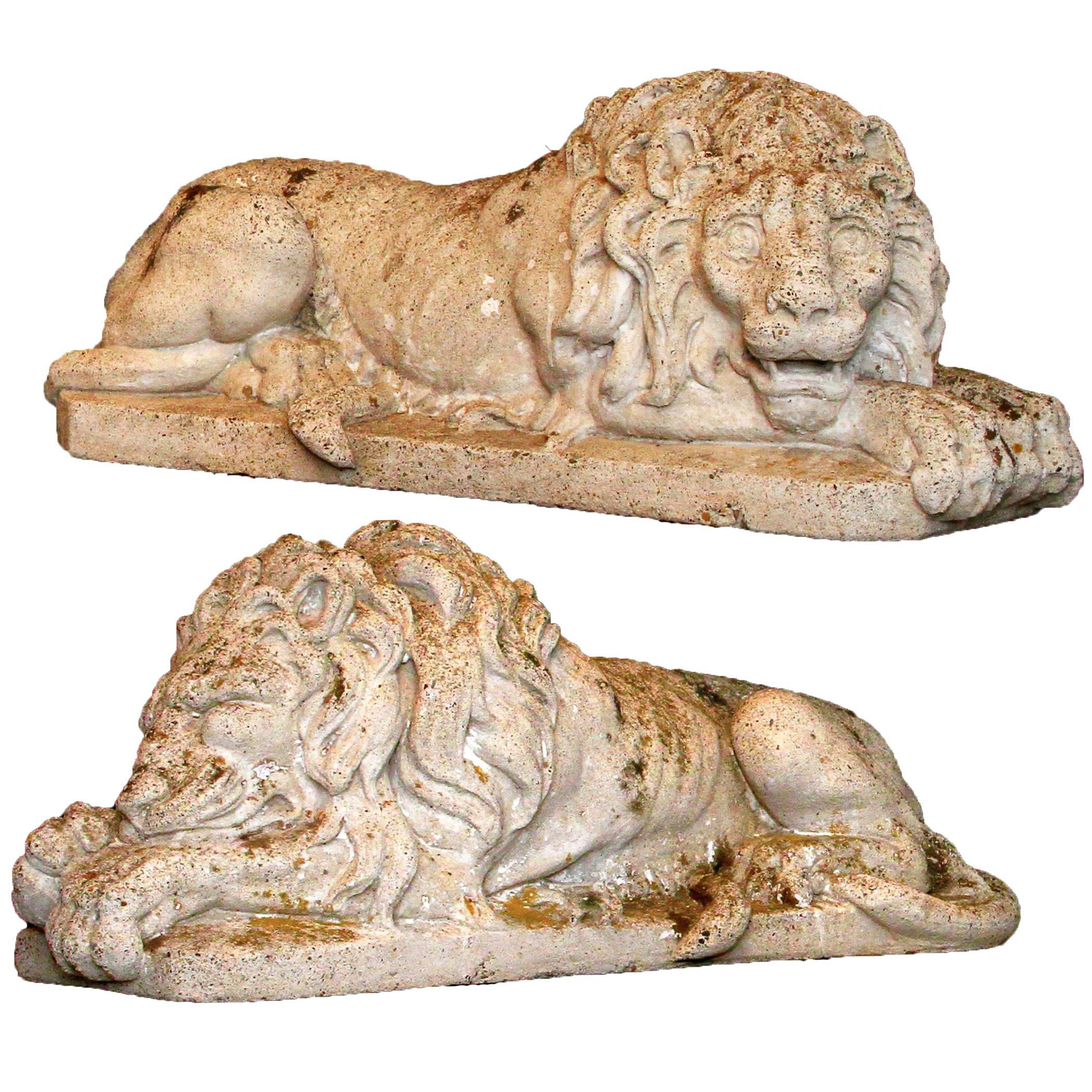 Pair of Antique Cement Recumbent Garden Lions at 1stDibs | cement lions ...