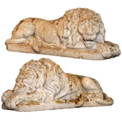 Pair of Antique Cement Recumbent Garden Lions