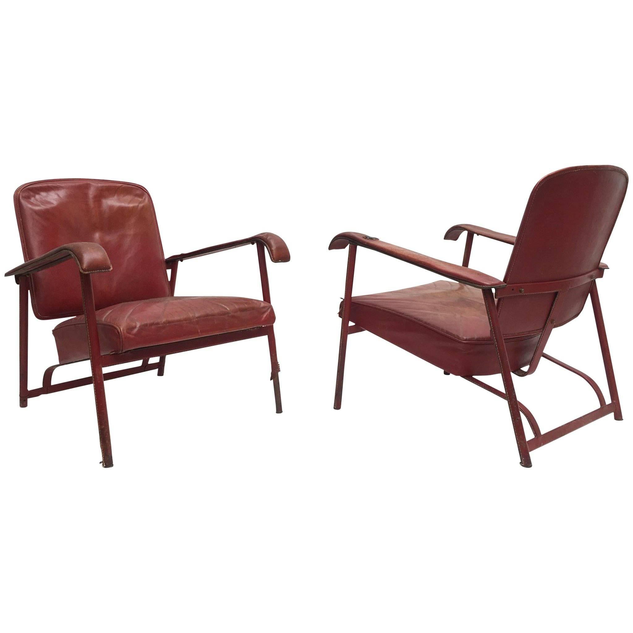 Rare Pair of Original Vintage Leather Adnet Lounge Chairs, France, 1950s