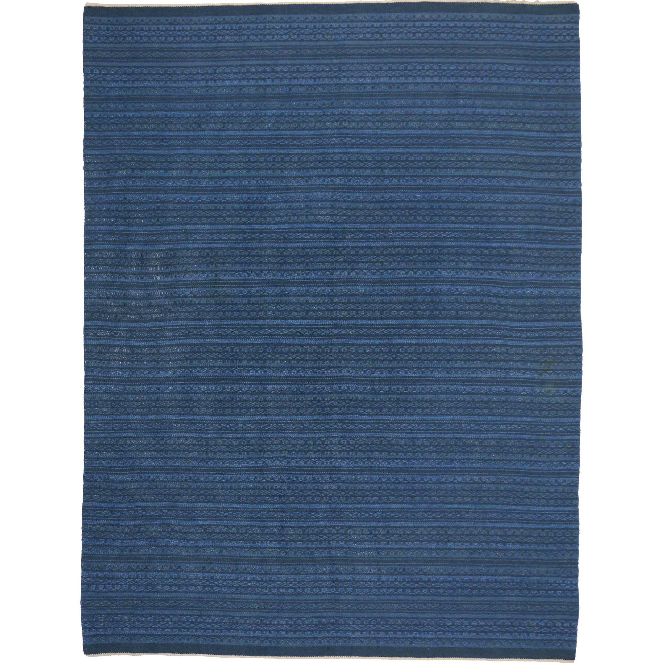 Scandinavian Modern Swedish Kilim Rollakan, Blue Flat-Weave Swedish Kilim Rug