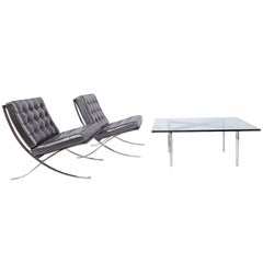 Signed Barcelona Chairs by Mies van de Rohe and Coffee Table for Knoll