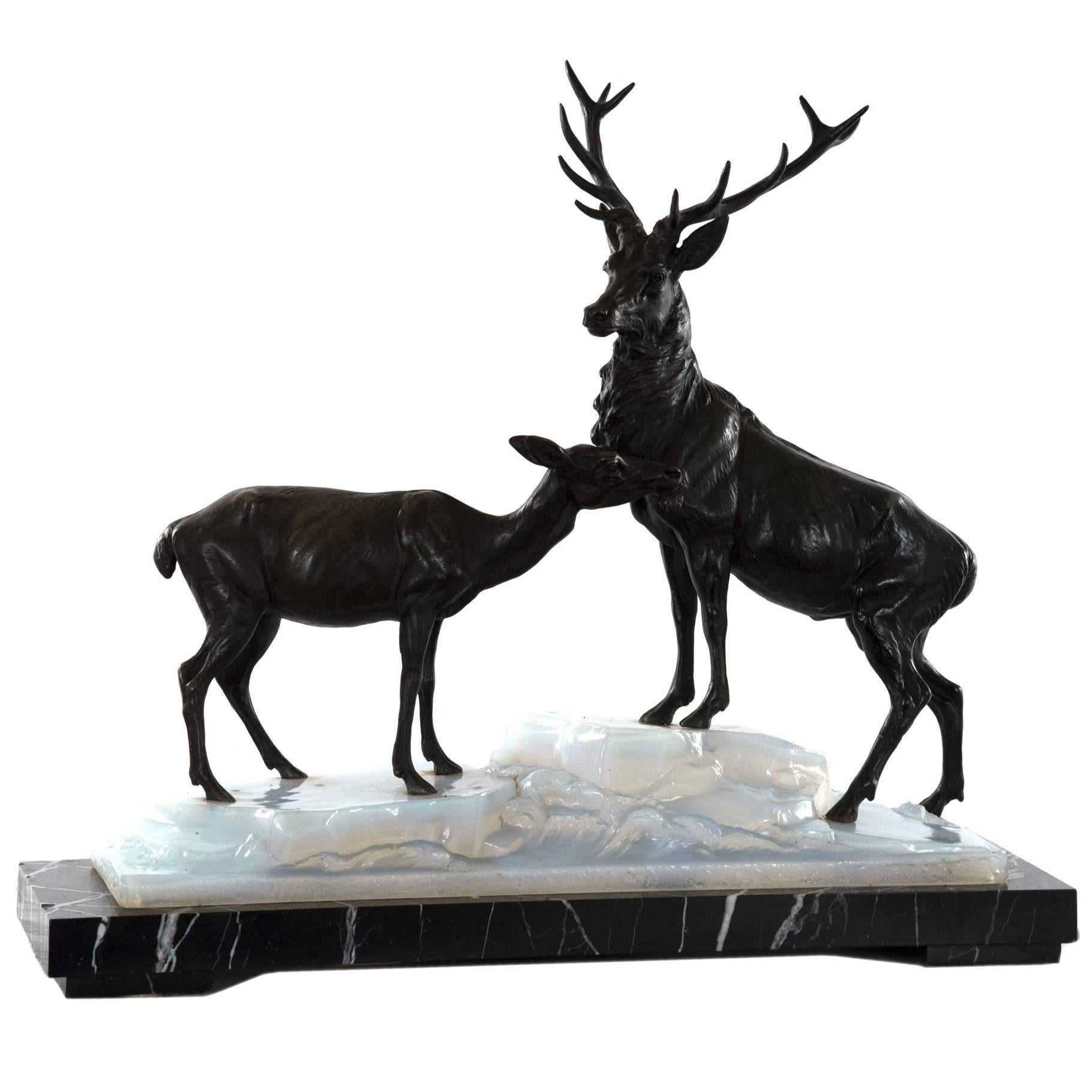 Bronze and Marble Stag and Doe Lamp after Louis-Albert Carvin