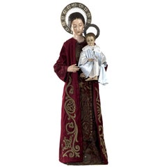 Polychrome Carved Wooden Madonna and Child Statue from Portuguese Royal Family