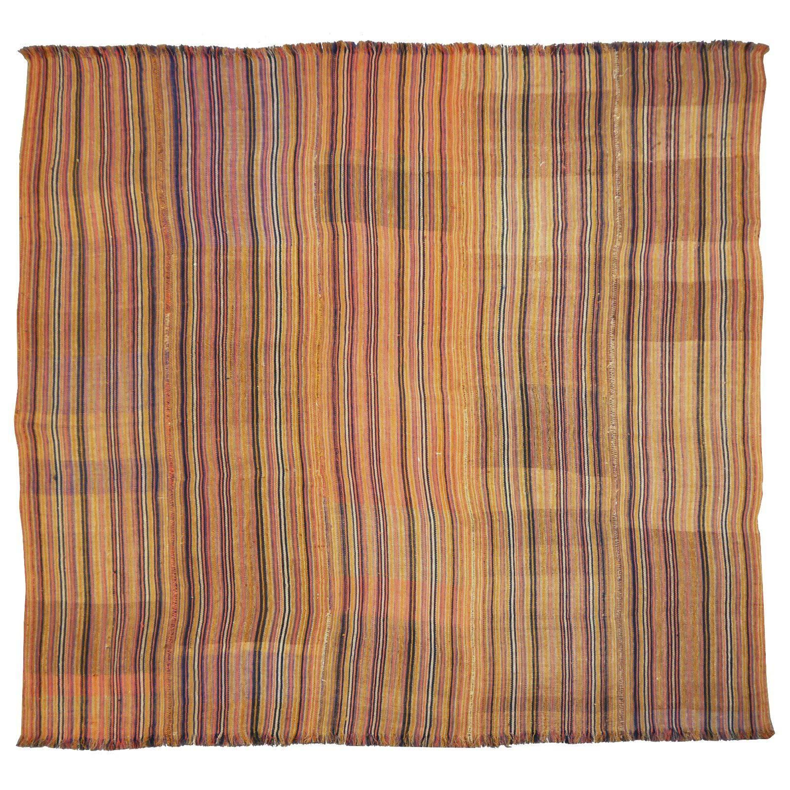 Antique Jajim Striped Banded Kilim Rug Blanket For Sale